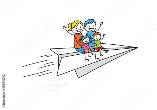 A happy family of four flies through the air on a creatively drawn paper airplane