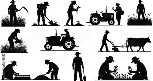 Farmers working agriculture silhouette illustration planting harvesting tractor field flat vector
