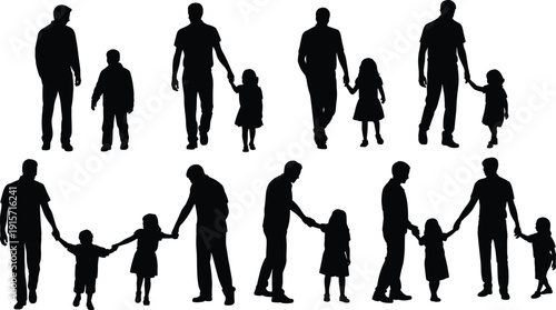 Father silhouettes with children bonding, family parenting flat vector illustration
