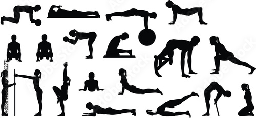 Fitness exercise silhouettes planking squatting lunging stretching equipment, flat vector