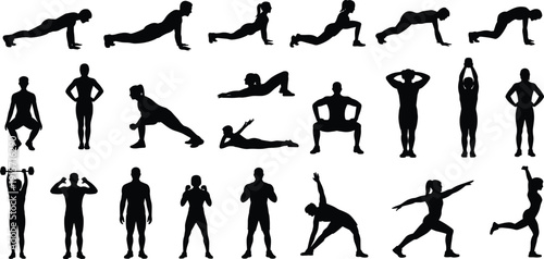 Fitness exercise silhouettes workout yoga weightlifting stretching poses, flat vector