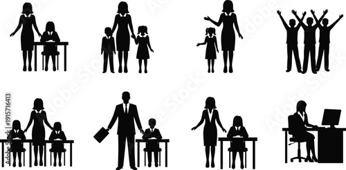 Flat vector silhouettes of adults children education mentorship professional work scenes