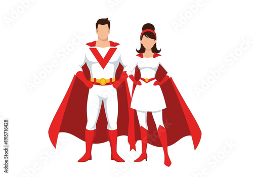 A male and female superhero duo pose confidently displaying their red capes and white suits