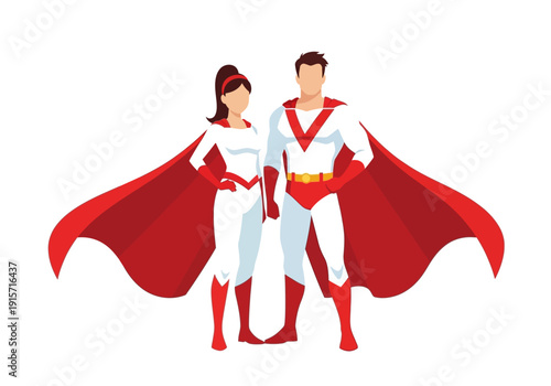 A digital illustration depicts a superhero couple standing confidently with capes flowing high quality professional detailed