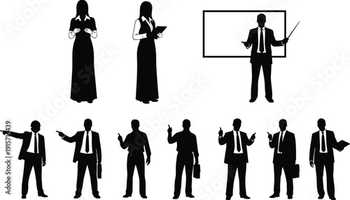 Flat vector silhouettes of business professionals presenting teaching working communicating