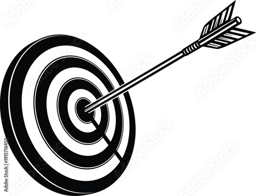 A black and white illustration of an arrow hitting the bullseye of a target