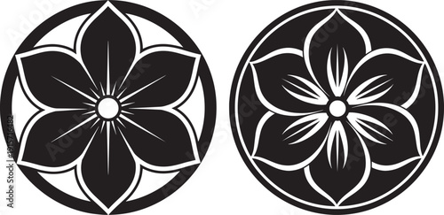 Two minimalist black and white circular floral emblems with stylized petals and geometric borders.