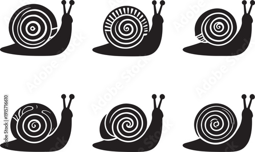Set of six stylized black and white snail illustrations with intricate shell patterns, perfect for design elements.