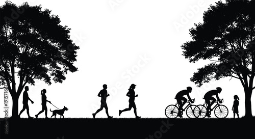 Flat vector silhouettes of people outdoor park jogging cycling walking dog nature