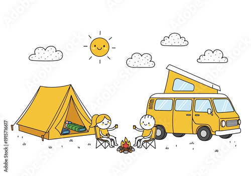 A cheerful illustration depicts a camping scene with a camper van tent and two people