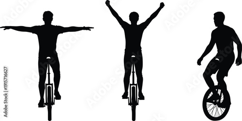 Flat vector silhouettes of people riding unicycles balance motion performance skill