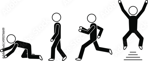Flat vector stick figures showing crawl walk run jump progression stages