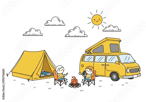A cheerful illustration depicts a yellow camper van tent and people enjoying a campfire outdoors