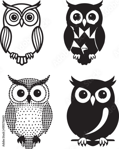 Four quirky black and white owl illustrations in various styles, from simple outlines to dotted patterns.