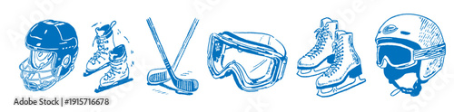Hand drawn winter sports doodle set featuring sports equipment