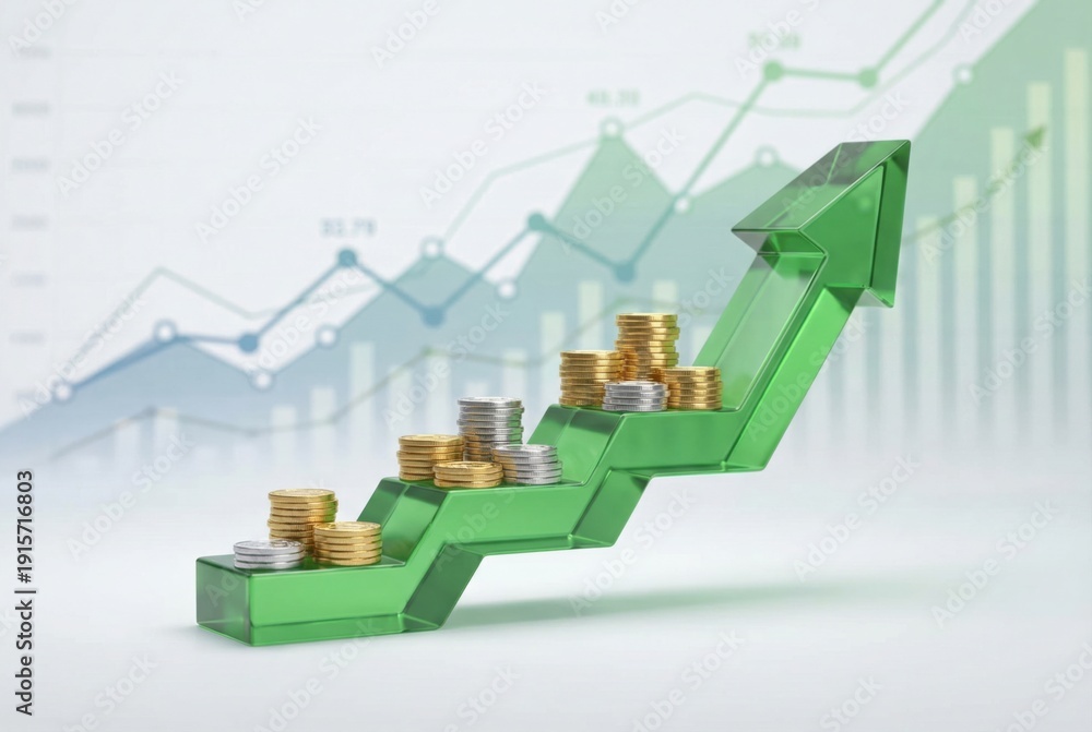 Fototapeta premium Green glass arrow with stacked coins representing financial growth on a background of rising graphs and charts illustrating economic trends and data analysis
