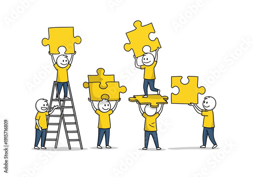 Stick figures collaborate to lift and connect golden puzzle pieces symbolizing teamwork and success high quality