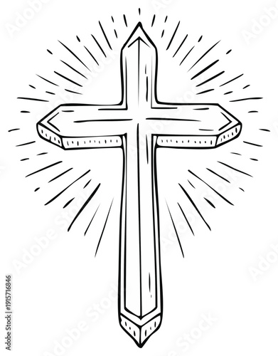 Hand Drawn Religious Cross Symbol with Light Rays Illustration