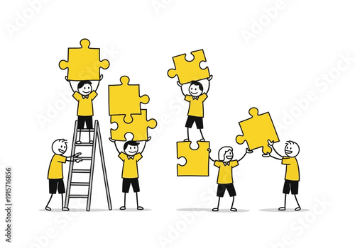 Cartoon illustration of people lifting and connecting yellow puzzle pieces together as a team high quality