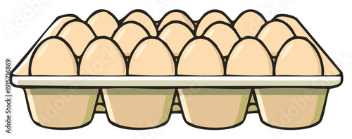 Illustration: Cardboard egg carton filled with beige eggs. Wholesome baking ingredients.