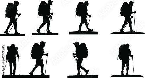 Hiker walking silhouette with backpack, trekking outdoor adventure activity flat vector