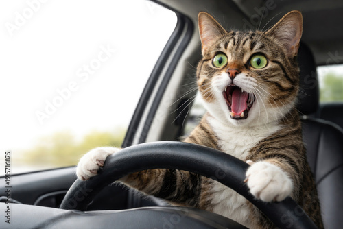 A surprised cat driving a car holds the steering wheel with its paws. Space for text.