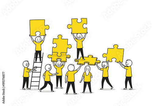 Cartoon illustration depicting several small figures connecting yellow puzzle pieces together high quality professional detailed modern