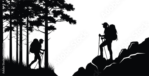 Hikers exploring forest and rocky mountain silhouette illustration, outdoor adventure flat vector