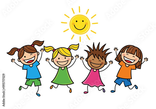 Four joyful children with raised arms are depicted beneath a bright smiling sun illustration high quality