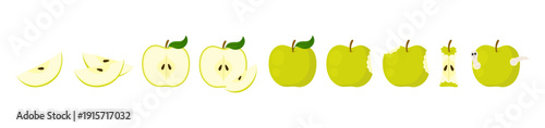 Green apple vector set with whole, half, sliced, bitten shapes and a worm, isolated flat illustration