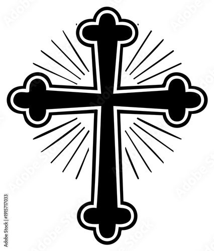 Ornate Cross Symbol with Light Rays Radiating Outward Signifying Faith and Religion