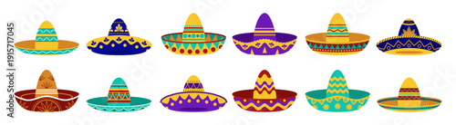 Large set of colorful Mexican sombreros with traditional ethnic embroidery for Cinco de Mayo. Vector illustration