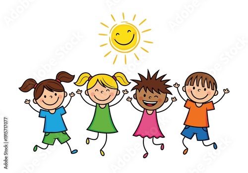 A cheerful drawing depicts four children with raised arms under a smiling sun high quality professional