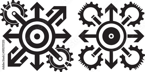Abstract black and white symbols of gears and arrows radiating from a central point, representing direction and mechanics.