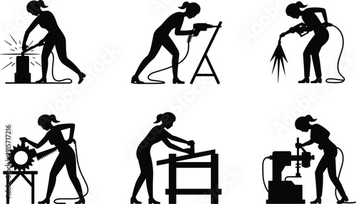 Industrial workers using tools machinery silhouette flat vector illustration design