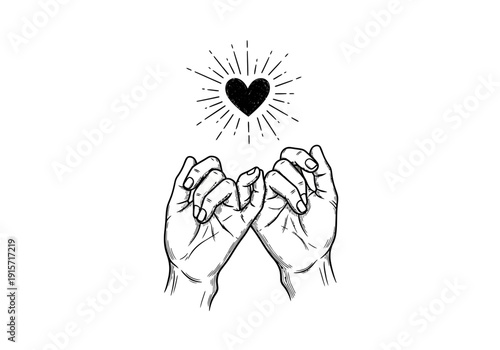 Two hands forming a heart shape with radiating lines a minimalist black and white illustration