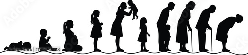 life, aging, silhouette, vector, timeline, family, growth, development, childhood, adulthood, elderly, woman, baby, mother, generation