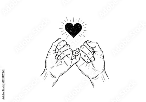 Two hands forming a heart shape with fingers a simple black and white illustration high quality