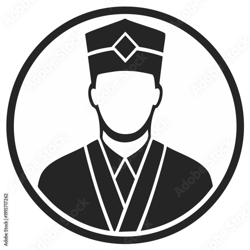 Professional doorman or bellhop service staff symbol. Circular black and white minimalist icon for hospitality.