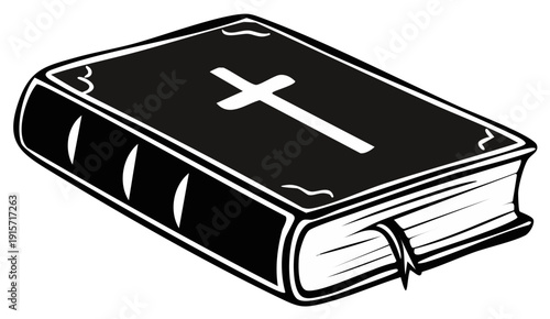 A closed Holy Bible with a Christian cross on the cover shown in a bold black and white graphic illustration