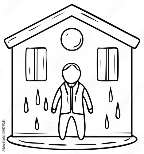 Minimalist black and white illustration of person outside house with falling raindrops symbolizing water leak
