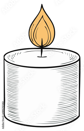 Burning candle illustration with a bright orange flame and black outline drawing.