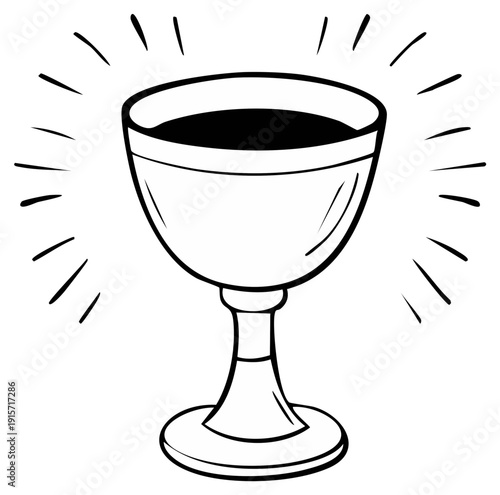 Glowing mystical chalice drawing with sparkling light lines black and white vector illustration