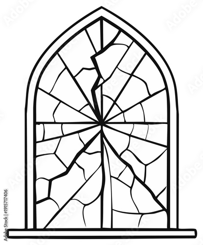 Black outline illustration of a broken gothic arched window with intricately shattered glass panels