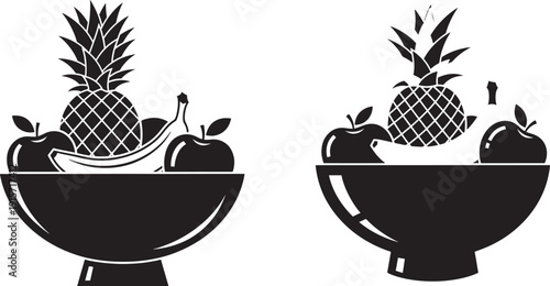 Black and white vector illustrations of fruit bowls filled with pineapple, bananas, and apples, representing freshness.