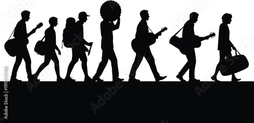 Musician silhouettes walking with instruments, band travel flat vector illustration