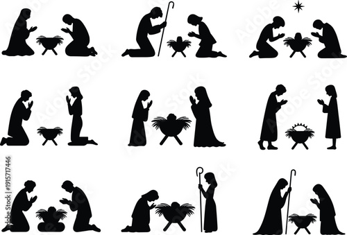 Nativity silhouettes with holy manger, Christmas worship flat vector illustration