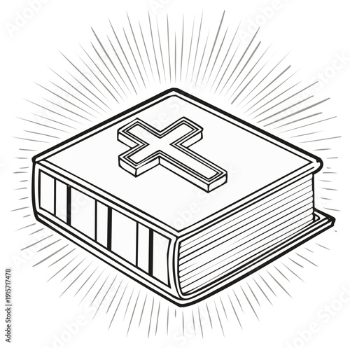 Religious symbol of a bible with a cross on the cover and radiating lines design.