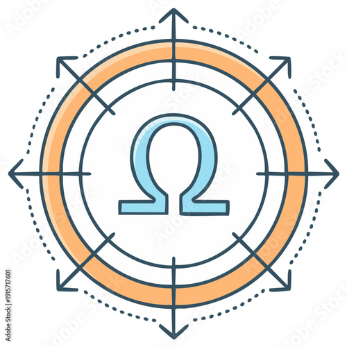 Omega symbol doodle icon with arrows expanding outward for concepts of finality and comprehensive scope