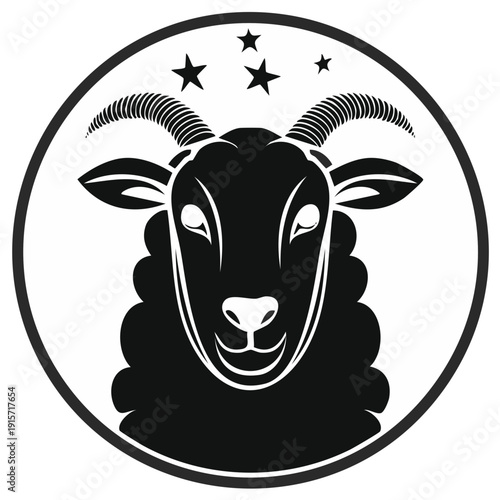 Bold black goat silhouette with curly wool and stars in a circle graphic emblem